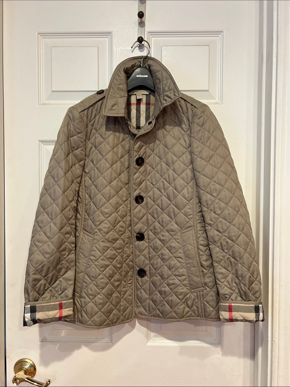 Burberry Quilted Taupe Shirt Jacket with Signature Check Cuff